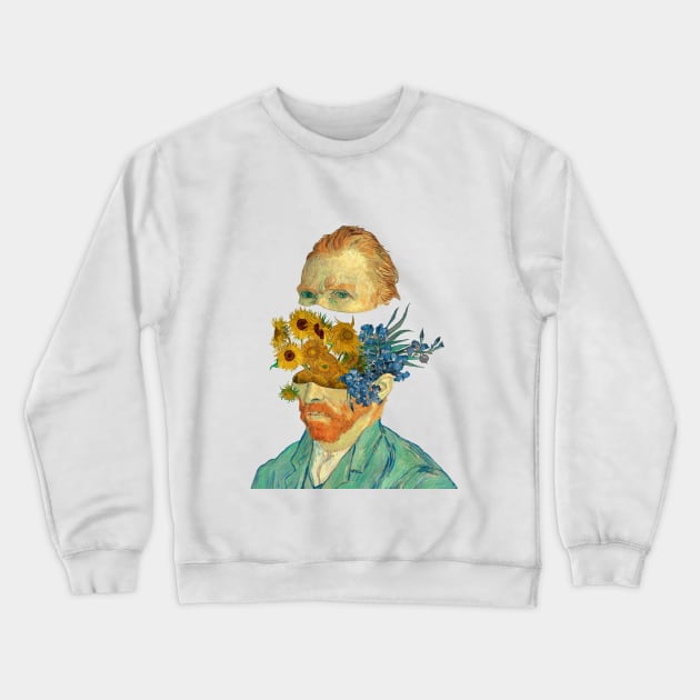 Surreal Van Gogh head with Sunflowers and Irises Crewneck Sweatshirt by ArtOfSilentium